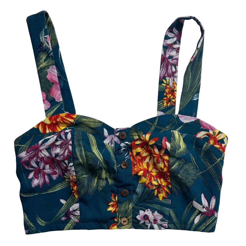 Forever‎ 21 Teal Tropical Floral Smocked Bustier Crop Top Small Sleeveless